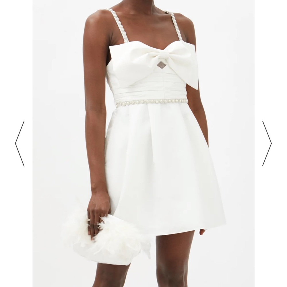 Self-Portrait Bow-tied crystal-embellished taffeta white mini dress